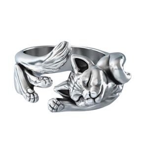 Silver Sleeping Cat Wrap Ring Size 7 Cute Minimalist Animal Jewelry